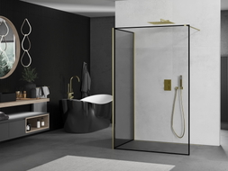 Mexen Kioto Dušo pertvara Walk-in 90 x 80 cm, juodas rėmas, auksinis šepečiu valytas - 800-090-212-55-70-080