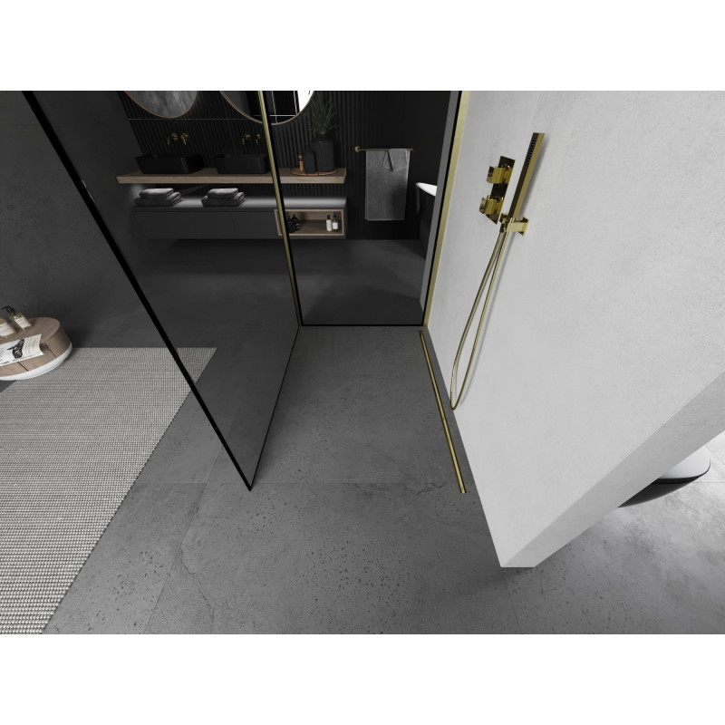 Mexen Kioto Dušo pertvara Walk-in 90 x 80 cm, juodas rėmas, auksinis šepečiu valytas - 800-090-212-55-70-080