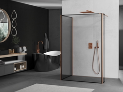 Mexen Kioto dušo sienelė Walk-in 140 x 120 x 40 cm, juodas rėmelis, šlifuotas varis - 800-140-120-221-65-70-040