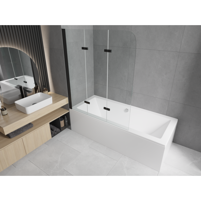 Mexen Cube stačiakampė vonia 180 x 80 cm su apdaila ir 3 dalių paravanu 120 cm, skaidrus, juodas - 550518080X9012037000