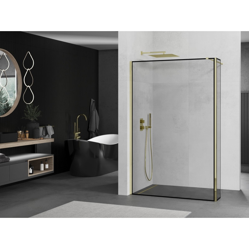 Mexen Kioto Dušo siena Walk-in 160 x 40 cm, juodas rėmelis, auksinis - 800-160-212-50-70-040