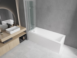 Mexen Cubik stačiakampė vonia 150 x 70 cm su apdaila ir 3 dalių pertvara 120 cm, skaidri, chromuota - 550315070X9012030100