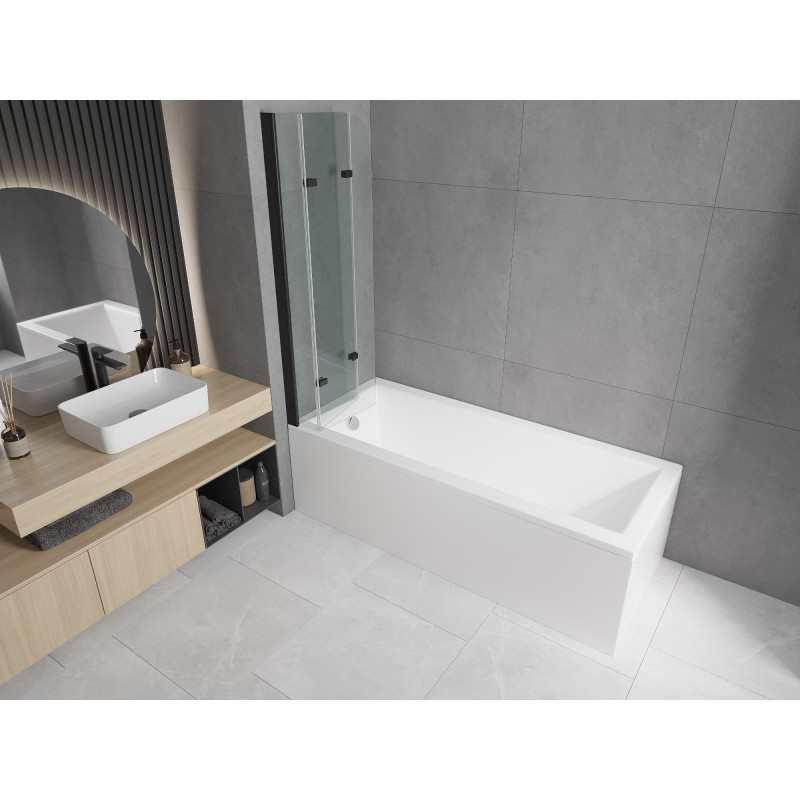 Mexen Cubik Stačiakampė vonia 150 x 70 cm su apdaila ir 3 dalių 120 cm pertvara, permatoma, juoda - 550315070X9012037000