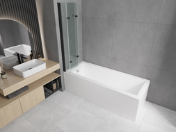 Mexen Cubik stačiakampė vonia 160 x 70 cm su apvalkalu ir trijų dalių 120 cm ekranu, skaidrus, juodas - 550316070X9012037000