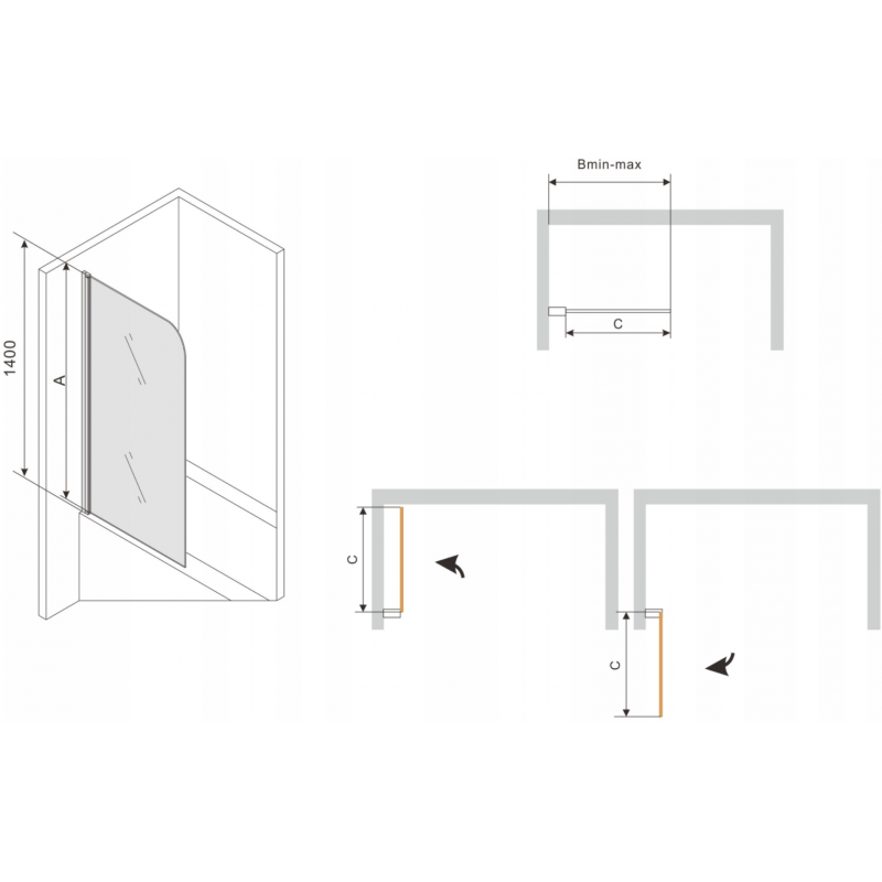 Mexen Vega stačiakampė vonia 180 x 80 cm su skydeliu ir 1-durų širmos 70 cm, skaidrus, juodas - 550118080X9007017000