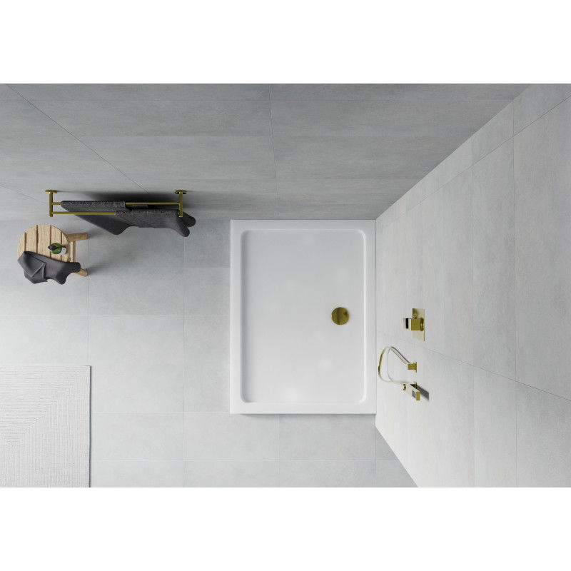 Mexen Flat stačiakampė plona dušo padėklas 130 x 90 cm, baltas, aukso sifonas - 40109013G