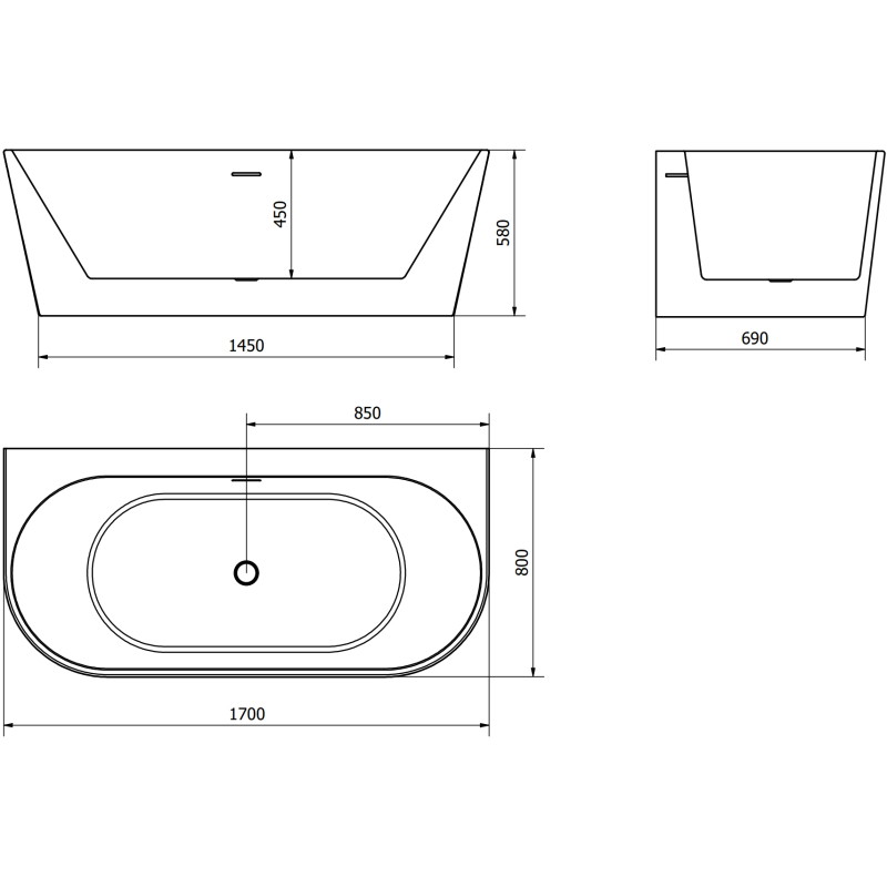 Mexen Oval+ laisvai pastatoma prie sienos montuojama vonia 170 x 80 cm, balta, chromuota perpila - 52681708000-01