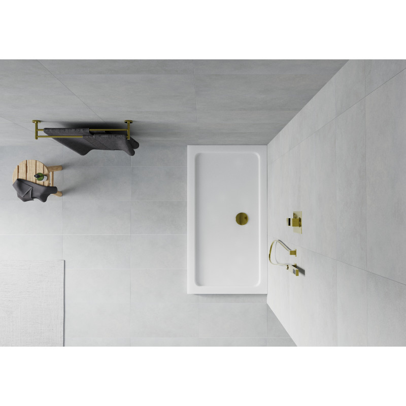 Mexen Flat stačiakampė dušo kabina slim 140 x 70 cm, balta, auksinis sifonas - 40107014G