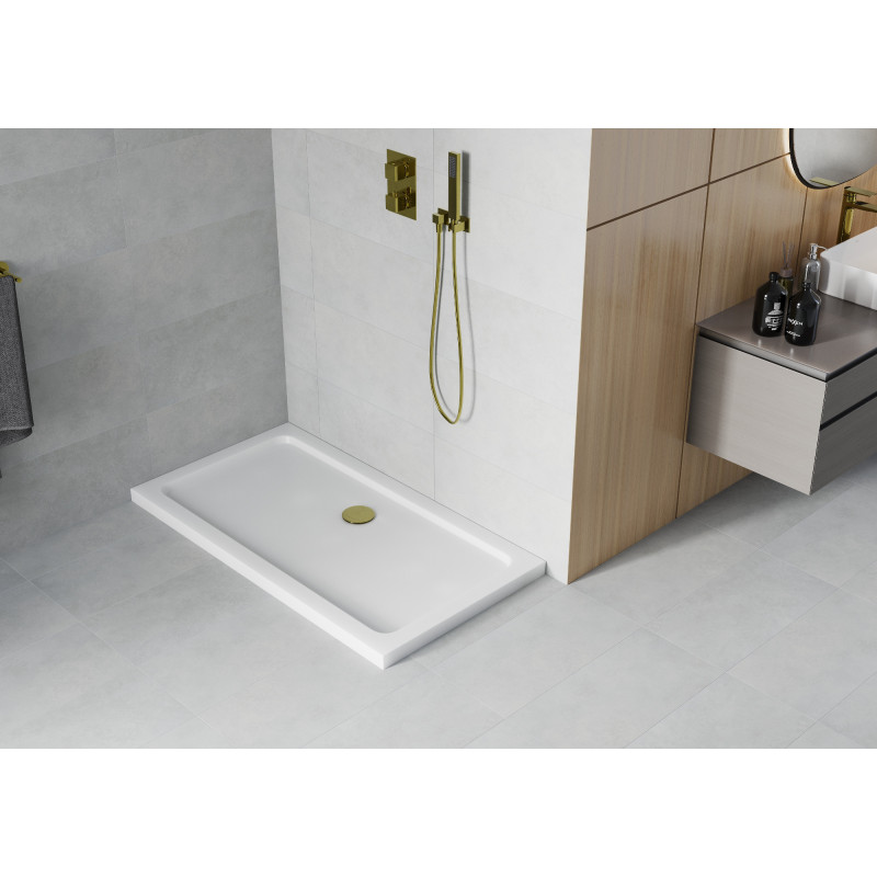Mexen Flat stačiakampė dušo kabina slim 140 x 70 cm, balta, auksinis sifonas - 40107014G