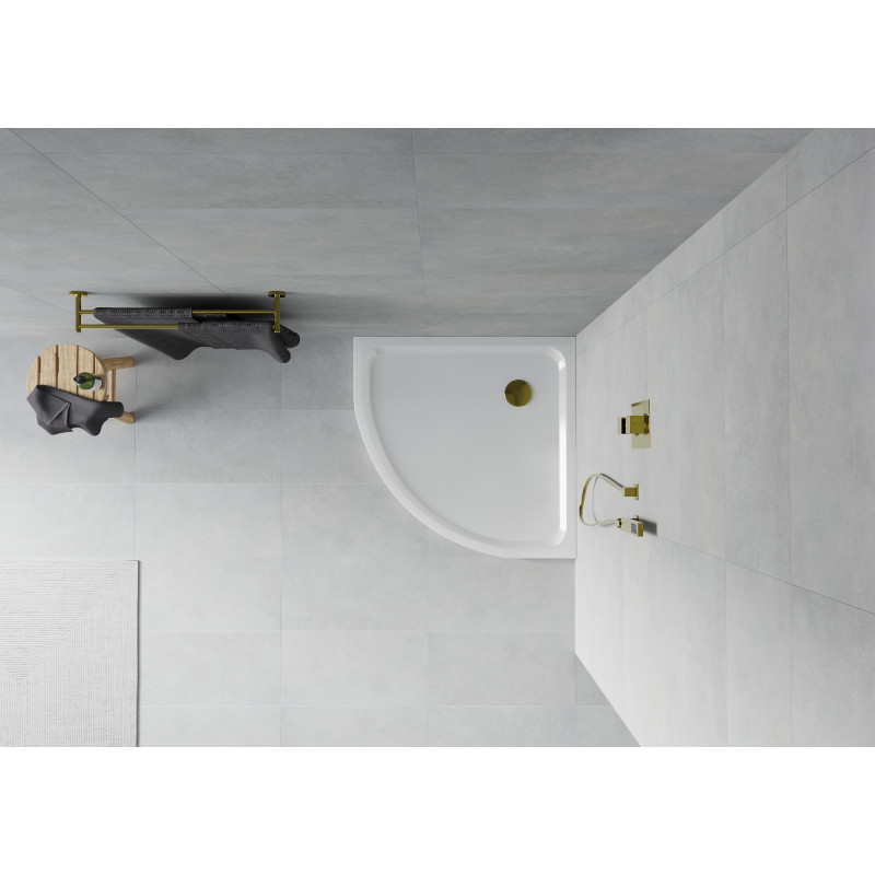 Mexen Flat pusapvalė slim 90 x 90 cm dušo padėklas, baltas, auksinė sifono detalė - 41109090G
