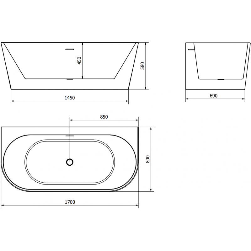 Mexen Oval+ laisvai pastatoma vonia prie sienos 170 x 80 cm, balta, vario šepetėliu per reguliacija - 52681708000-65