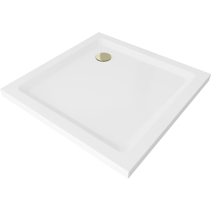Mexen Flat kvadratinis dušo padėklas slim 100 x 100 cm, baltas, aukso spalvos sifonas - 40101010G