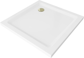 Mexen Flat kvadratinis dušo padėklas slim 90 x 90 cm, baltas, auksinis sifonas - 40109090G
