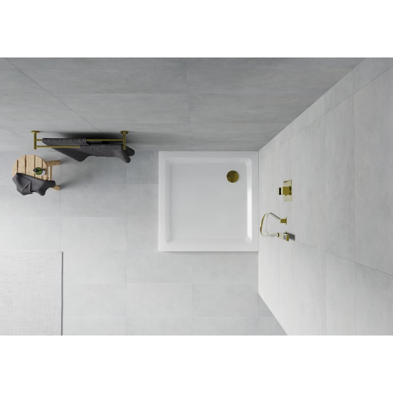 Mexen Flat kvadratinis plonas dušo padėklas 90 x 90 cm, baltas, auksinis sifonas - 40109090G