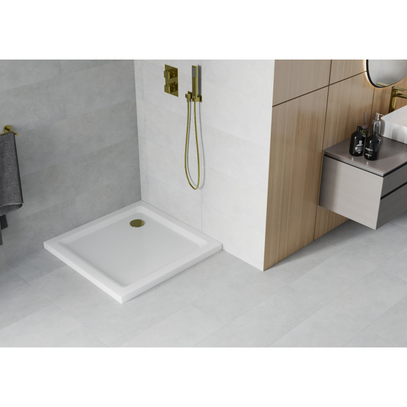 Mexen Flat kvadratinis dušo padėklas slim 80 x 80 cm, baltas, aukso sifonas - 40108080G