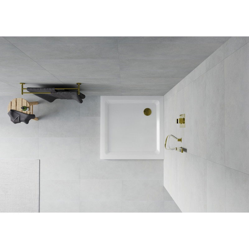 Mexen Flat kvadratinis plonas dušo padėklas 70 x 70 cm, baltas, auksinis sifonas - 40107070G
