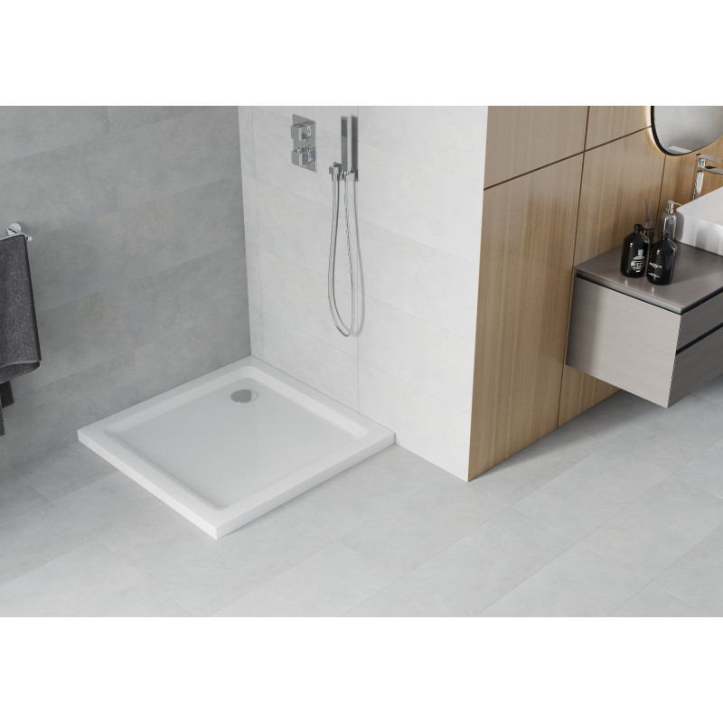 Mexen Flat kvadratinis dušo padėklas slim 100 x 100 cm, baltas, chrominis sifonas - 40101010