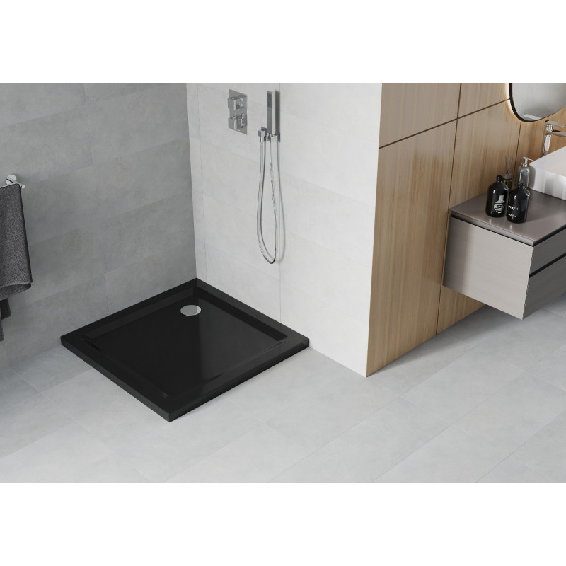 Mexen Flat kvadratinis dušo padėklas slim 90 x 90 cm, juodas, chromuotas sifonas - 40709090