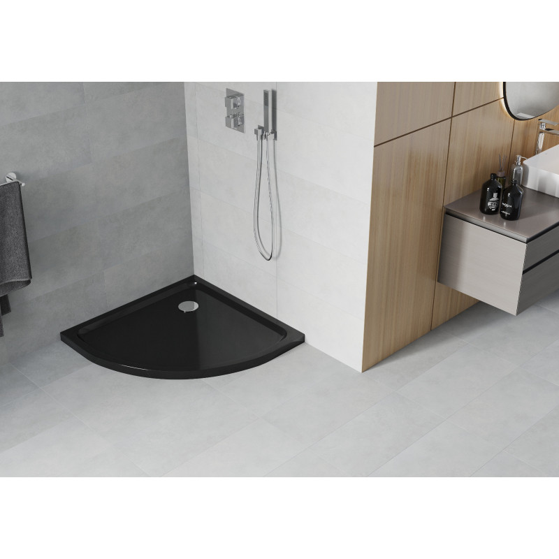 Mexen Flat pusapvalė dušo padėklas slim 80 x 80 cm, juodas, chromuotas sifonas - 41708080