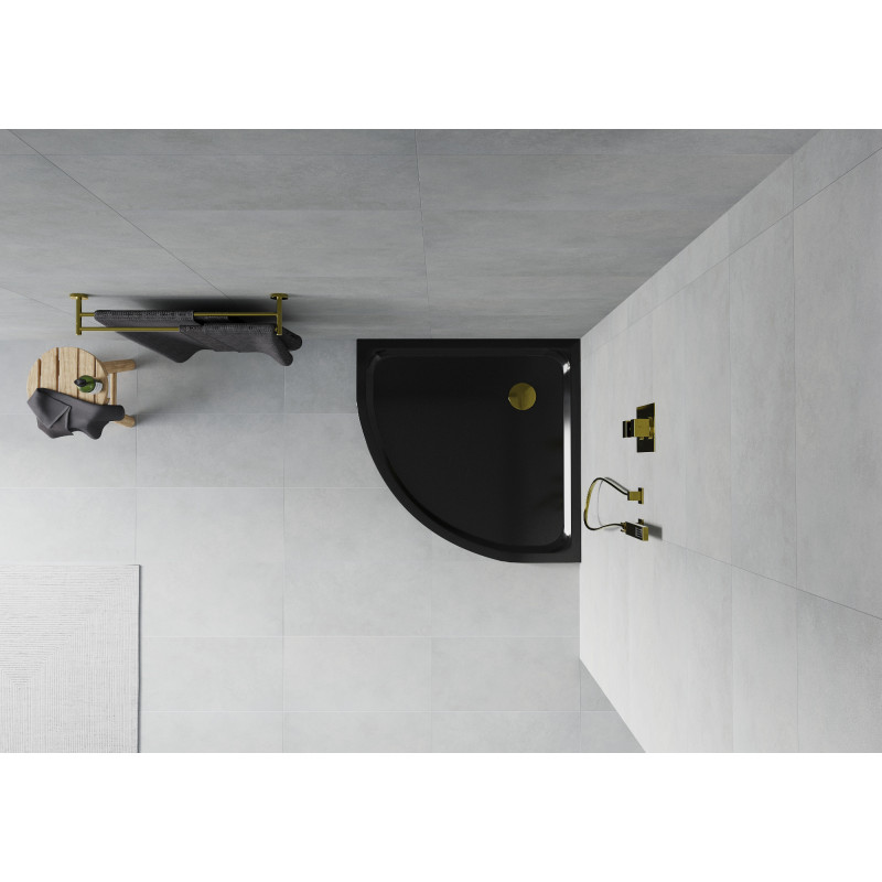 Mexen Flat pusapvalis dušo padėklas slim 90 x 90 cm, juodas, aukso spalvos sifonas - 41709090G