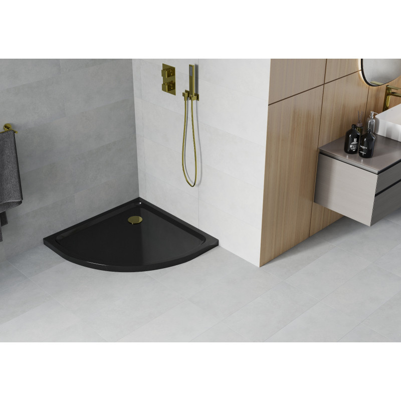 Mexen Flat pusapvalė plona dušo kabina 70 x 70 cm, juoda, sifonas auksinis - 41707070G