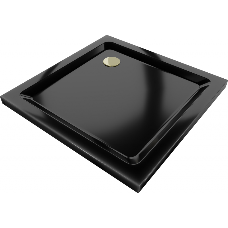 Mexen Flat plokščias kvadratinis dušo padėklas slim 80 x 80 cm, juodas, sifonas auksinis - 40708080G
