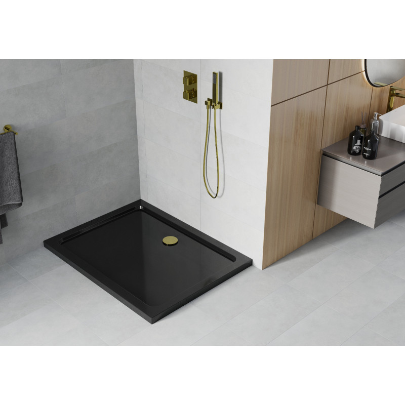 Mexen Flat stačiakampis dušo padėklas slim 100 x 90 cm, juodas, aukso sifonas - 40709010G