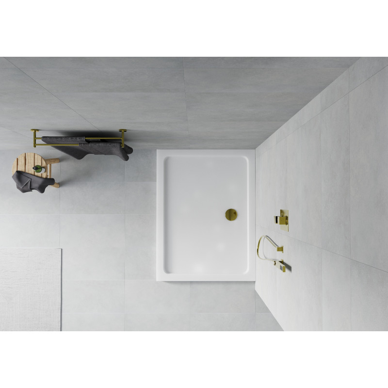 Mexen Flat stačiakampė dušo padėklo slim 80 x 70 cm, balta, auksinė sifonas - 40107080G