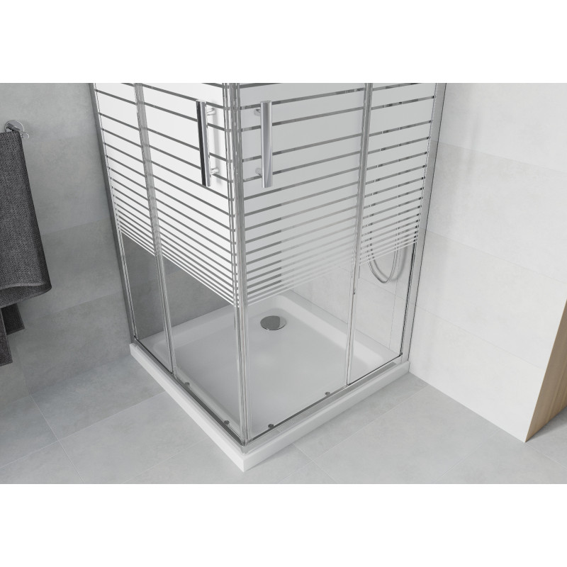 Mexen Rio kvadratinė dušo kabina 90 x 90 cm, baltos juostos, chromas + Flat padėklas, baltas - 860-090-090-01-20-4010