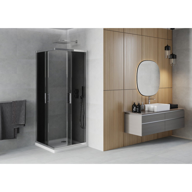 Mexen Rio kvadratinė dušo kabina 80 x 80 cm, grafitas, chromas + „Flat“ padėklas, baltas - 860-080-080-01-40-4010