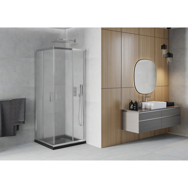 Mexen Rio kvadratinė dušo kabina 80 x 80 cm, matinė, chromuota + Flat padėklas, juodas - 860-080-080-01-30-4070