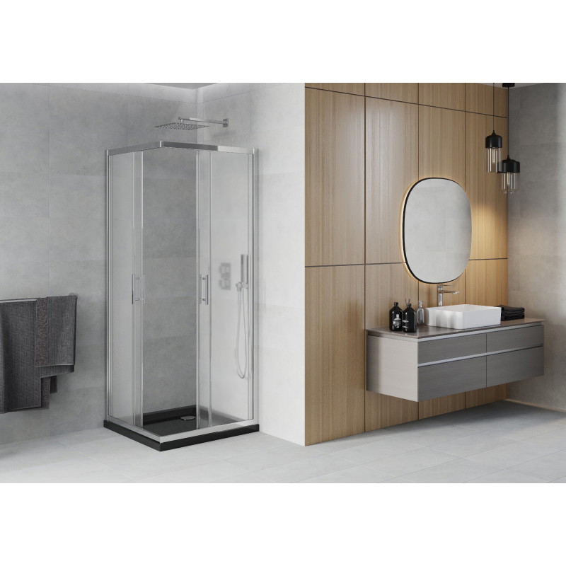 Mexen Rio kvadratinė dušo kabina 90 x 90 cm, matinis, chromas + plokščias padėklas, juodas - 860-090-090-01-30-4070