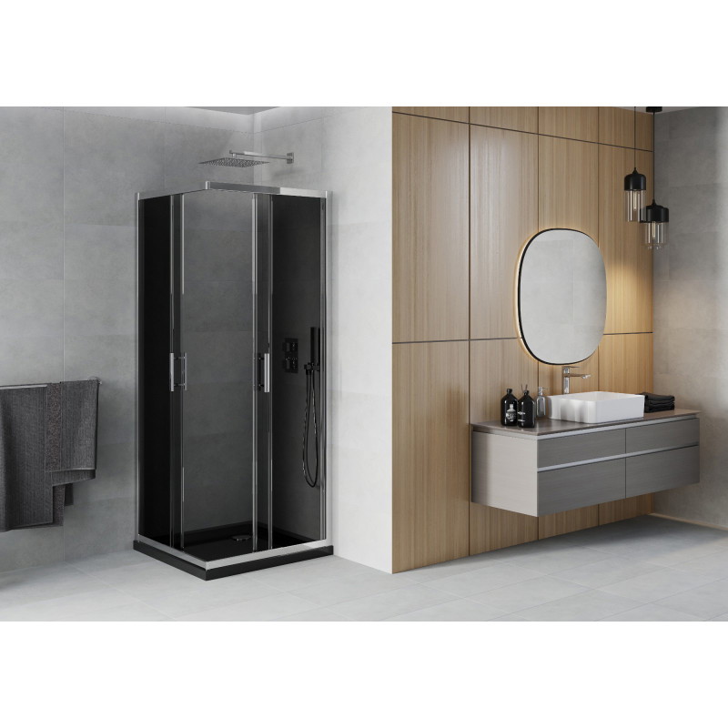 Mexen Rio kvadratinė dušo kabina 90 x 90 cm, grafitas, chromas + Flat dušo padėklas, juodas - 860-090-090-01-40-4070