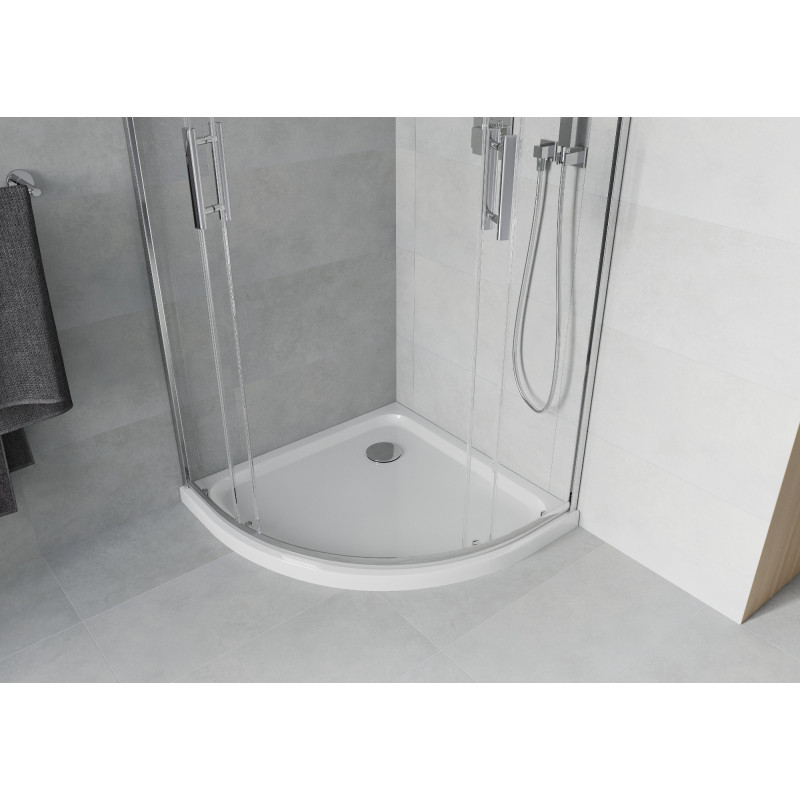 Mexen Rio pusapvalė dušo kabina 90 x 90 cm, skaidri, chromuota + padėklas Flat, baltas - 863-090-090-01-00-4110