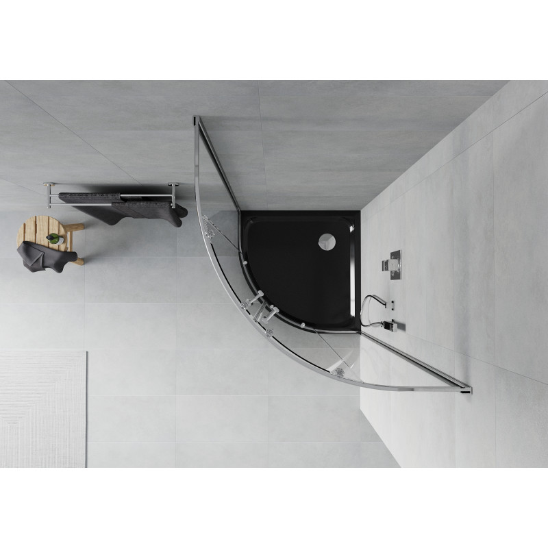 Mexen Rio pusiau apvalus dušo stendas 80 x 80 cm, skaidrus, chromas + plokščias juodas padėklas - 863-080-080-01-00-4170
