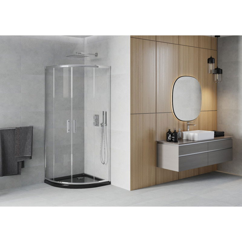 Mexen Rio pusapvalė dušo kabina 80 x 80 cm, skaidri, chromuota + plokščias padėklas, juodas - 863-080-080-01-00-4170