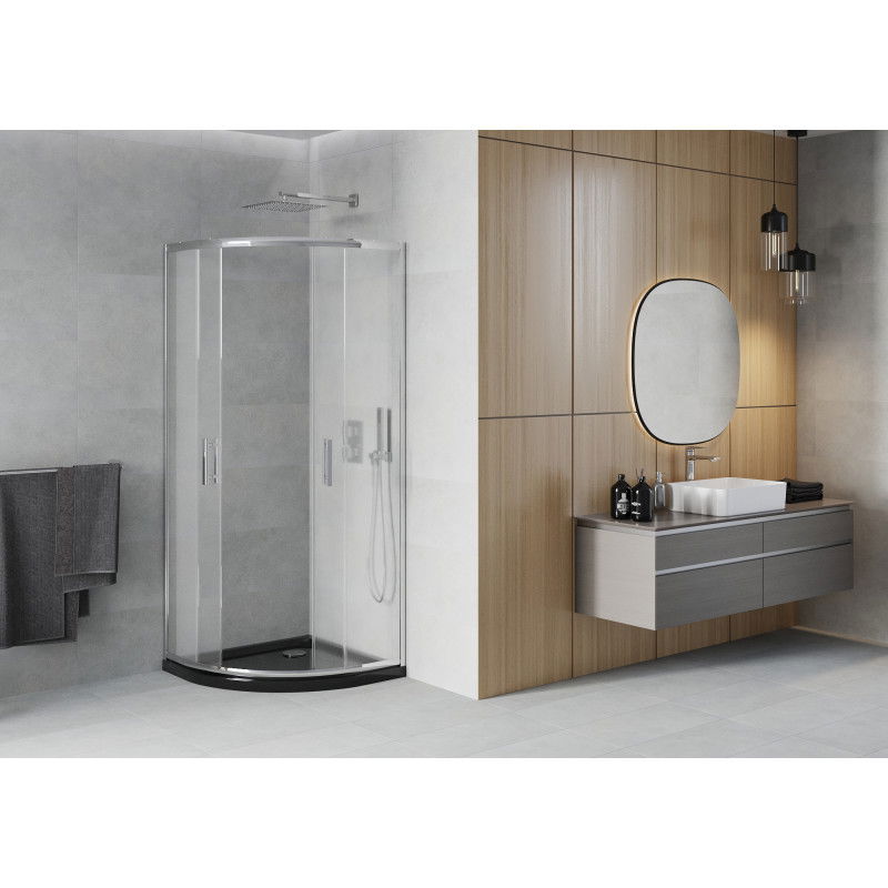 Mexen Rio pusapvalė dušo kabina 90 x 90 cm, permatoma, chromuota + juoda Flat dušo padėklas - 863-090-090-01-00-4170
