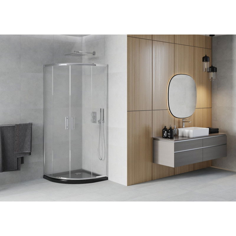 Mexen Rio pusapvalė dušo kabina 80 x 80 cm, matinė, chromuota + Flat padėklas, juodas - 863-080-080-01-30-4170