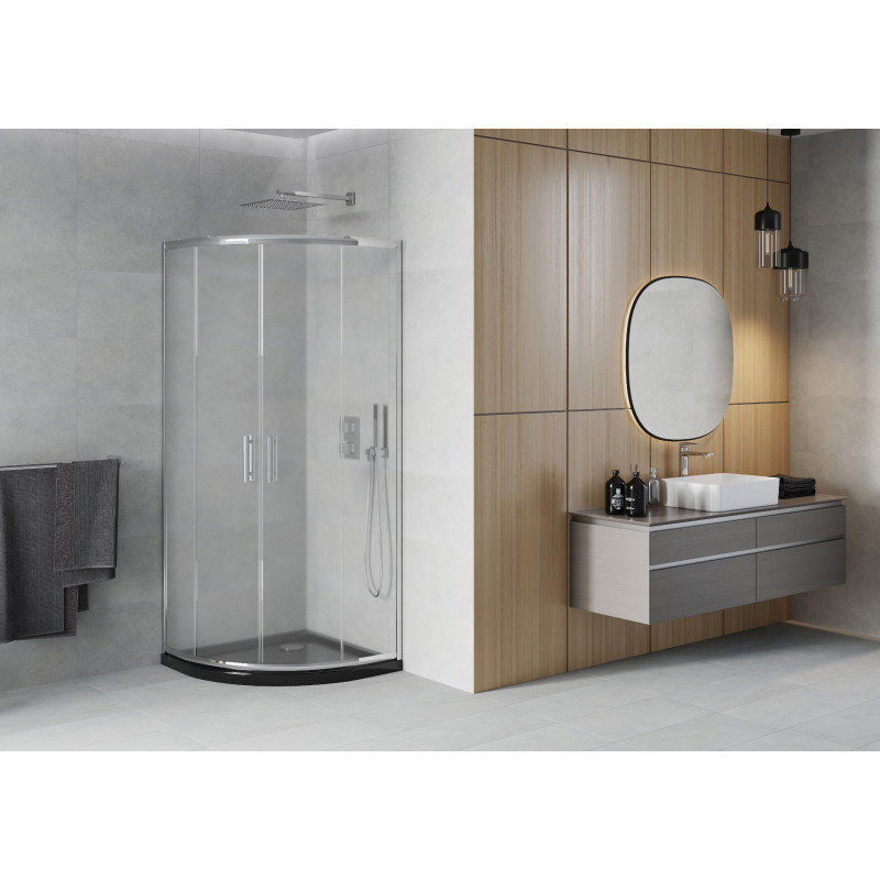 Mexen Rio pusapvalė dušo kabina 90 x 90 cm, matinė, chromuota + juoda „Flat“ dušo padėklas - 863-090-090-01-30-4170