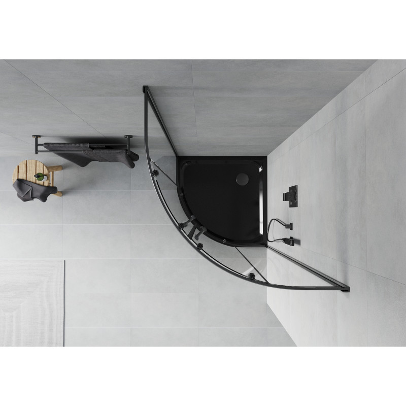 Mexen Rio pusapvalė dušo kabina 90 x 90 cm, skaidri, juoda + padėklas Flat, juodas - 863-090-090-70-00-4170B