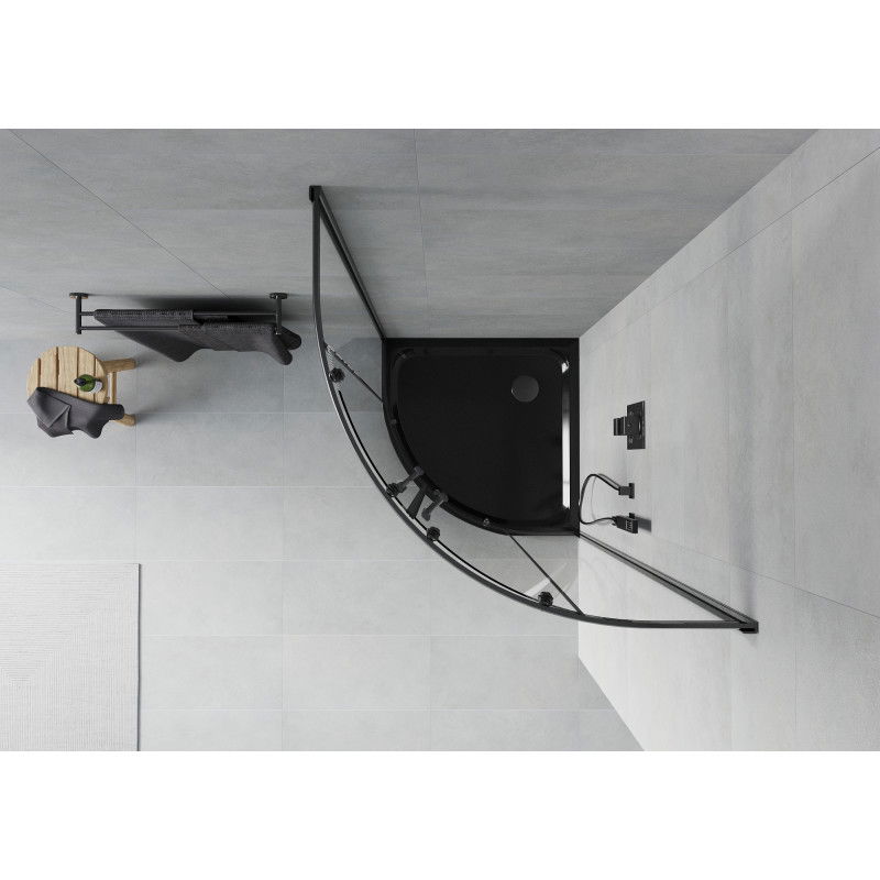 Mexen Rio pusapvalė dušo kabina 90 x 90 cm, skaidri, juoda + plokščia dušo padėklas, juoda - 863-090-090-70-00-4170B