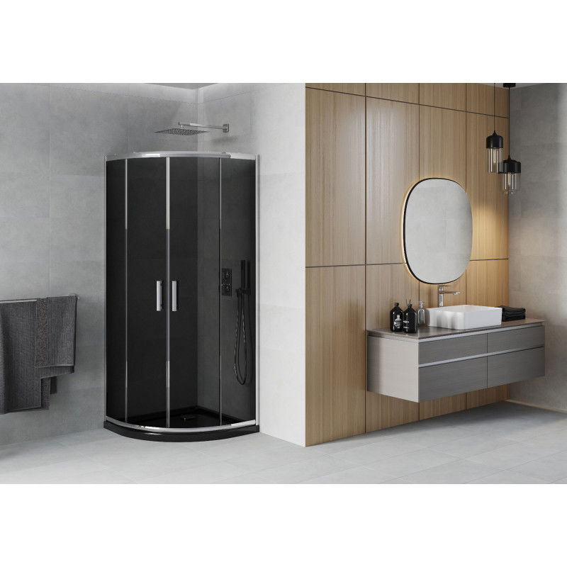 Mexen Rio pusiau apvali dušo kabina 80 x 80 cm, grafitas, chromas + plokščias dušo padėklas, juodas - 863-080-080-01-40-4170