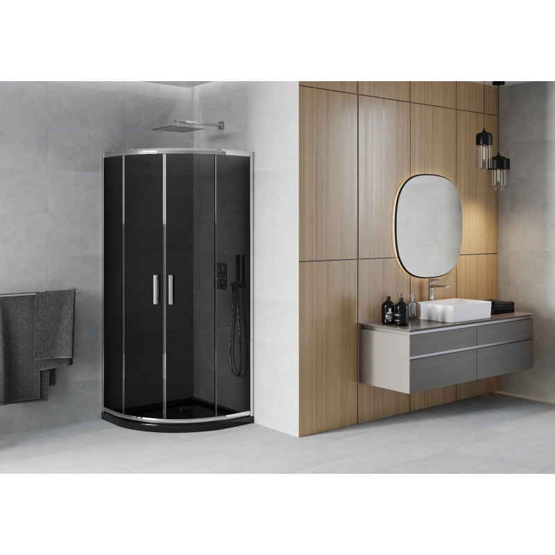 Mexen Rio dušo kabina pusapvalė 90 x 90 cm, grafitas, chromas + padėklas Flat, juodas - 863-090-090-01-40-4170