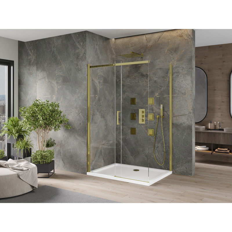 Mexen Omega stiklinė dušo kabina 110 x 80 cm, skaidri, auksinė + Flat padėklas - 825-110-080-50-00-4010