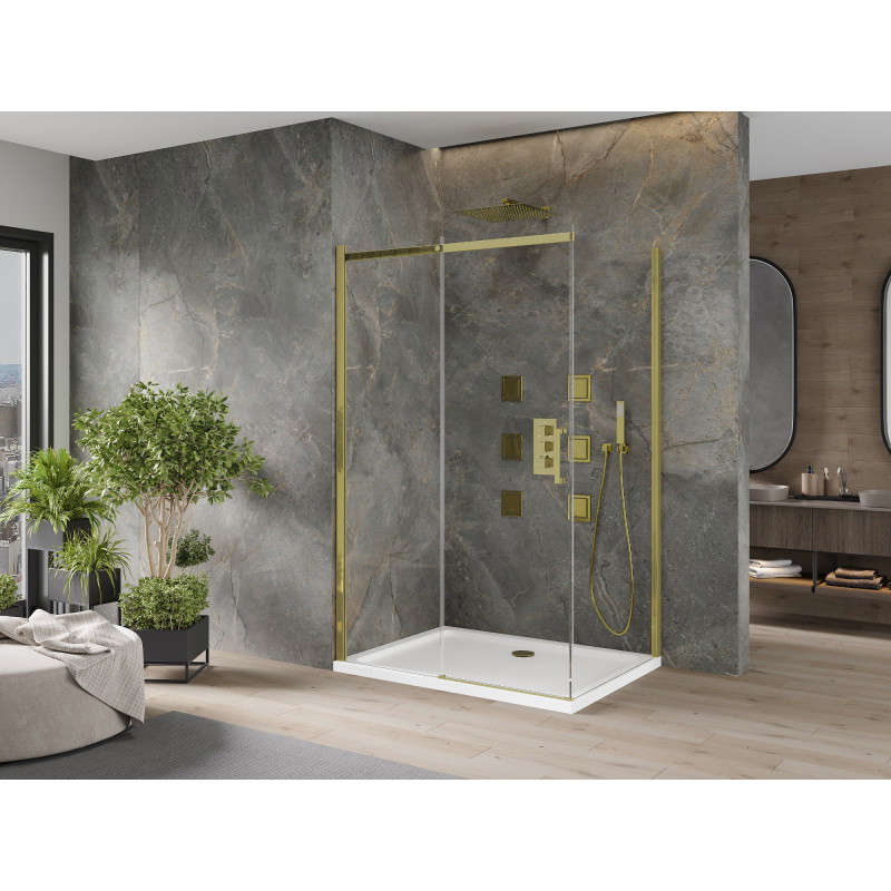 Mexen Omega 120 x 100 cm stumdomas dušo kabinas, skaidrus, auksinis + lėkštės plokščiasis - 825-120-100-50-00-4010