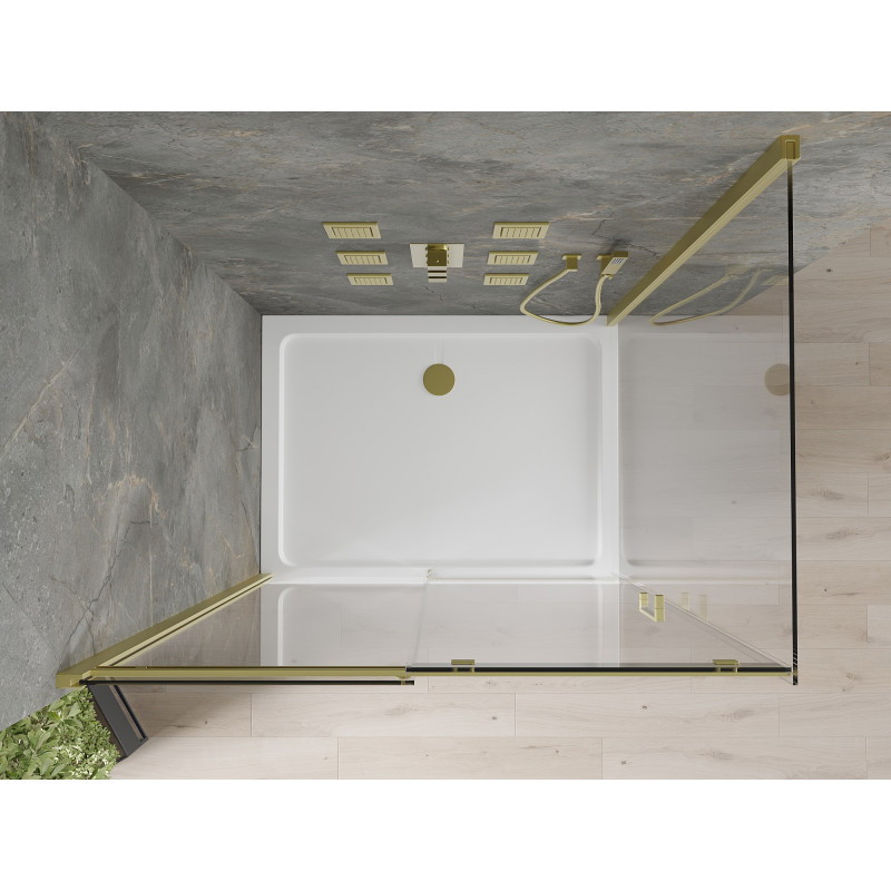 Mexen Omega 120 x 100 cm stumdomas dušo kabinas, skaidrus, auksinis + lėkštės plokščiasis - 825-120-100-50-00-4010