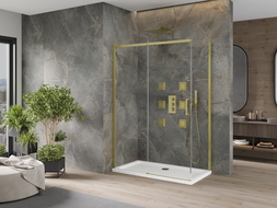 Mexen Omega stumdoma dušo kabina 140 x 80 cm, Skaidrus, Auksinė + dušo padėklas Flat - 825-140-080-50-00-4010