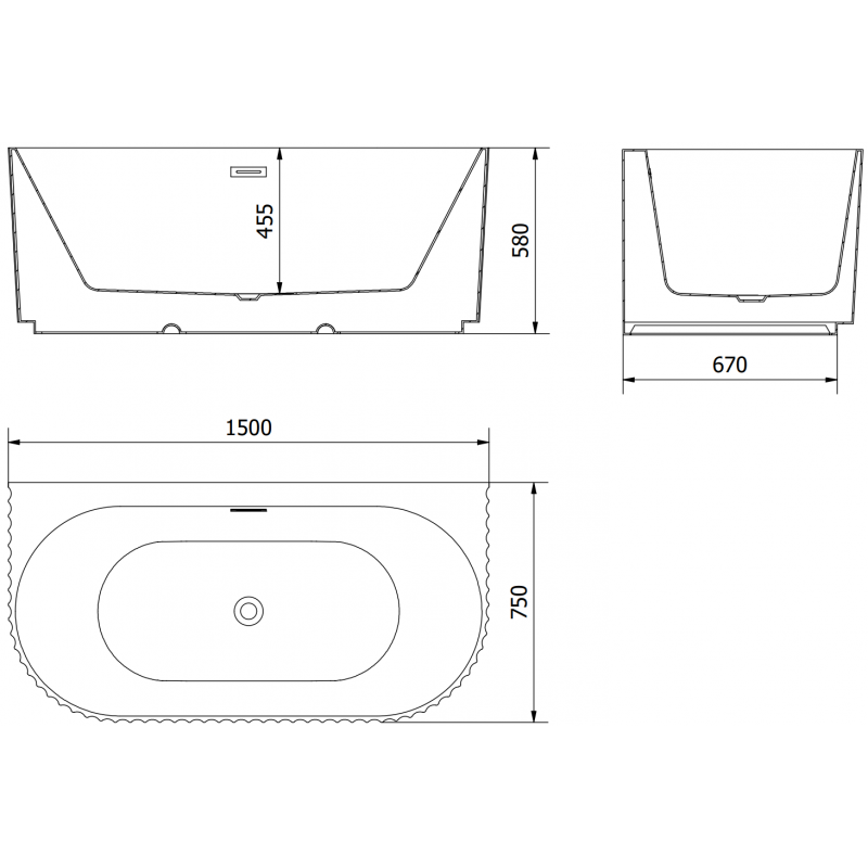 Mexen Sella laisvai stovinti sieninė rifliuota vonia 150 x 75 cm, blizgi balta, šlifuoto vario perpylimas - 52711507500-65