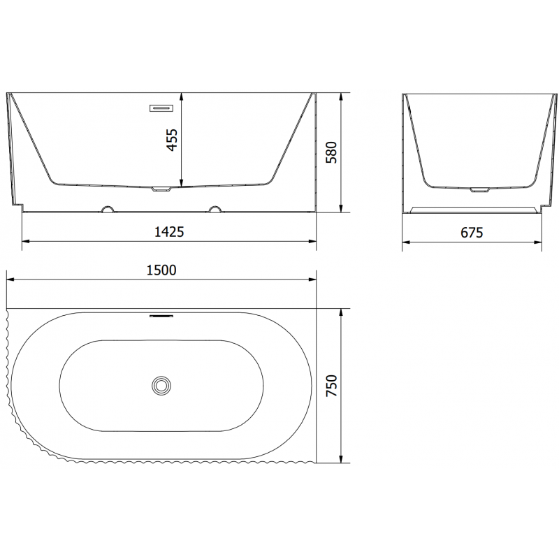 Mexen Gia laisvai stovinti kampinė rifliuota vonia dešinė 150 x 75 cm, matinė juoda, gun metal persipylimas - 52701507571P-95