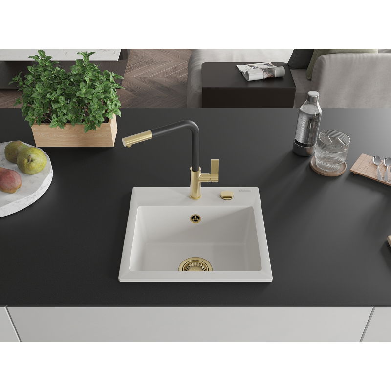 Mexen Milo granitinis vienos plautuvės kriauklė su Flora virtuviniu maišytuvu, baltas - 6505-20-670401-57-G